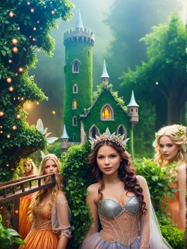 A group of fairies don their own costumes and form a hedge group as they join a group in the enchanting fairy tale of Tale Castle.,celtic woman,fairyland,fairy village,encantadia,faires,fairy world,fa