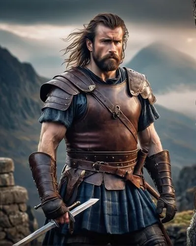 Hamish, Braveheart, Scottish warrior, muscular man, rugged beard, messy brown hair, intense gaze, leather armor, metal shoulder guards, worn gloves, holding a massive sword, standing heroically, misty