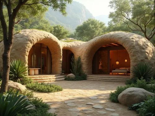 earthship,ecovillages,roof domes,temazcal,caravanserai,stone oven,igloos,3d rendering,round hut,cabanas,dunes house,roundhouses,dwellings,ecovillage,straw hut,caravanserais,render,odomes,biomes,mountain settlement,Photography,General,Realistic