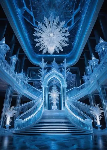 Modern ice palace, intricate icy structure, transparent glass-like walls, frosty blue-white color scheme, grand entrance with frozen fountain, delicate ice sculptures, ornate chandeliers, snowflake pa