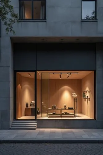 minimalist store exterior, at dusk, the architecture should feature clean lines with a sophisticated monochromatic, integrating elements of modernism and minimalism, display window, indoor wall warm g