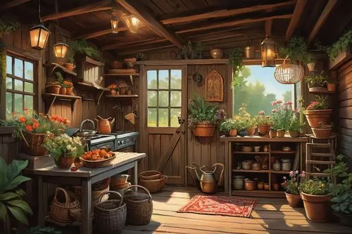 apothecary,herbology,rustic aesthetic,garden shed,nook,flower shop,country cottage,inglenook,dandelion hall,summer cottage,rustic,the little girl's room,wooden hut,victorian kitchen,cabin,schoolroom,small cabin,home landscape,cottage garden,study room,Conceptual Art,Oil color,Oil Color 04