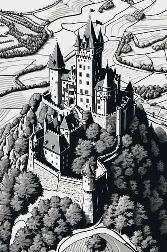 top down vector drawing of a medieval German castle, castle Burg Hornberg, isometric style, line drawing, architectural drawing, light shading, detailed, map-like, bricks, stonework, Falkestein Castle