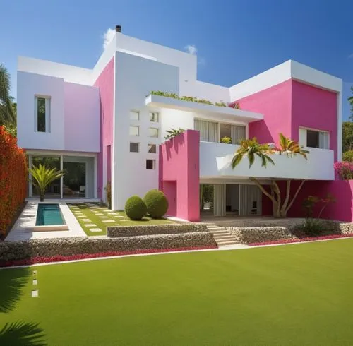 the house has many different color options,dreamhouse,modern house,holiday villa,cube house,tropical house,pink grass,Photography,General,Realistic