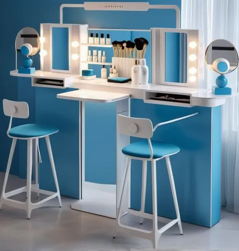 bar stools,cosmetics counter,barstools,bar counter,dressing table,beauty room,beauty salon,kitchenette,bar stool,unique bar,soda fountain,retro diner,blue room,liquor bar,piano bar,bar,sewing room,search interior solutions,sales booth,shower bar,Photography,General,Realistic