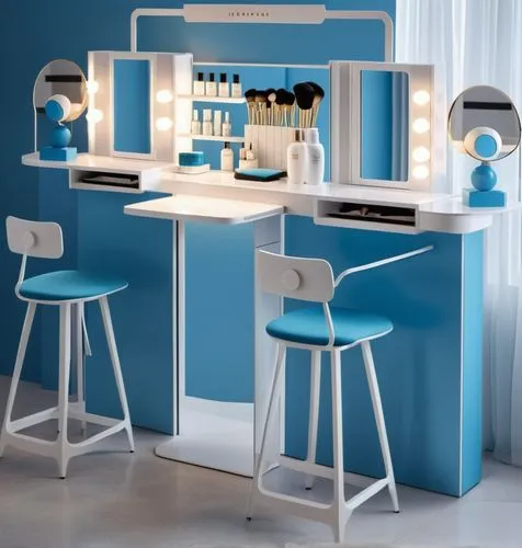 Skincare pop-up makeup table design, minimal design, main color is white, sub color is blue, netro,bar stools,cosmetics counter,barstools,bar counter,dressing table,beauty room,beauty salon,kitchenett