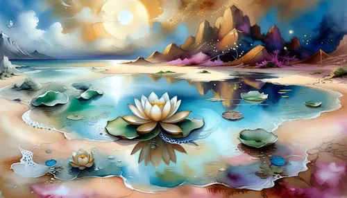 a painting shows a lake and water lilies,water lotus,lotus pond,lotus on pond,white water lilies,water lilies,lily pond,Illustration,Realistic Fantasy,Realistic Fantasy 01