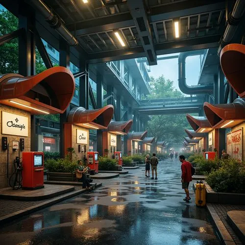 futuristic landscape,harbour city,umbrellas,greenmarket,shopping street,3d render,skyways,render,autopia,cybercity,rainy,cybertown,photorealism,shipyards,atmospheres,sansar,3d rendered,retro diner,environments,atmosphere