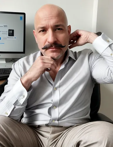 Bald man, 48 years old, with Italian mustache, slanted blue eyes, dressed in an elegant beige suit and white shirt. He is sitting on a cube with the WhatsApp logo. Style: cinematic, realistic, cyberpu