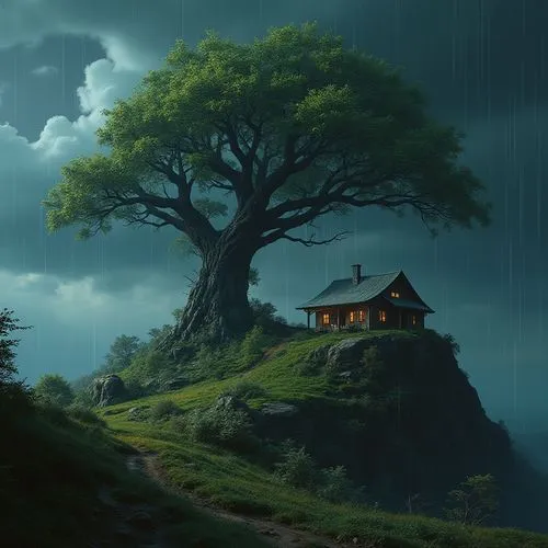 tree house,lonely house,treehouse,isolated tree,lone tree,fantasy picture,Conceptual Art,Sci-Fi,Sci-Fi 09