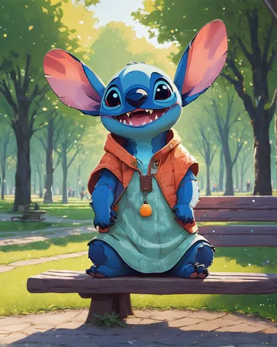 stitch,cute cartoon character,yogi,dumbo,cg artwork,disney character,knuffig,cute cartoon image,kids illustration,child in park,imp,ori-pei,cuthulu,in the park,big ears,park bench,children's background,a smile,adorable,lilo,Illustration,Realistic Fantasy,Realistic Fantasy 12