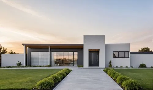 an exterior view of a contemporary home at dusk,modern house,modern architecture,siza,dunes house,contemporary,cube house,Photography,General,Realistic