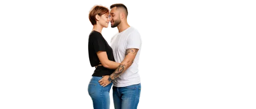 bisexual, couple, embracing, kissing, tender moment, soft focus, warm lighting, intimate atmosphere, woman with short hair, tattoos on neck, man with beard, casual wear, jeans, t-shirt, sneakers, hold