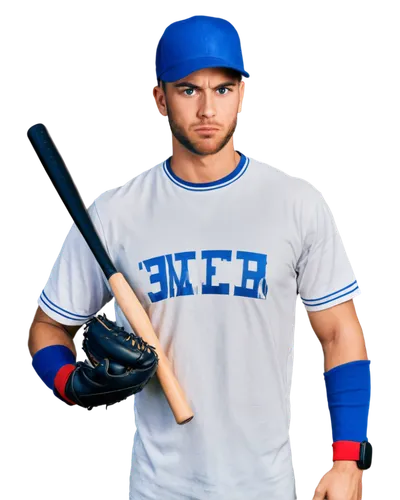 Baseball player, male, athletic build, wearing baseball uniform, white shirt, blue pants, baseball glove, holding baseball bat, intense expression, sweat dripping, sunlight casting shadows, 3/4 compos