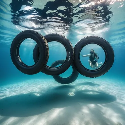 4 tires  each one with its own wheel and a steering wheel leaning over one of them in a white empty room ,swim ring,life saving swimming tube,inflatable ring,snorkel,scuba,under the water,swimming gog