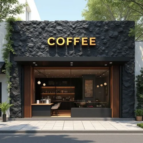 A minimalist coffee shop facade with an oversized black rock wall, featuring the word "COFFEE" in gold lettering on top of it. The store is located next to a gray road and features wooden accents for 