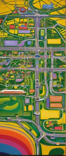 Craft a futuristic and innovative map of Charlotte Douglas International Airport.,street map,suburbs,highway roundabout,traffic circle,city highway,roundabout,colorful city,urban design,street plan,fr