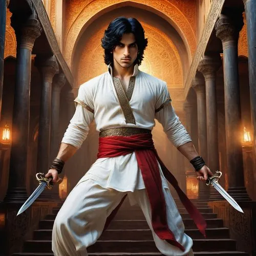 Prince of Persia, male protagonist, athletic build, white shirt, billowy pants, red sash, dagger on belt, messy black hair, determined facial expression, standing in a majestic pose, ancient Persian a