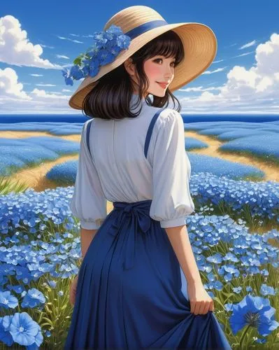 windflower,blooming field,straw hat,japanese woman,hanbok,country dress,field of flowers,blue rose,sun hat,blue flower,vietnamese woman,blue daisies,summer flower,high sun hat,parasol,芦ﾉ湖,pilgrim,jasmine blue,springtime background,fukushima,Conceptual Art,Daily,Daily 16