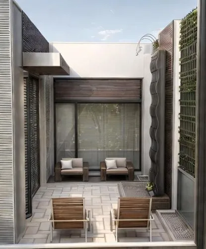 "A stylish modern terrace with a sleek design, featuring a cascading waterfall that flows into a shallow basin surrounded by smooth stones. The terrace is adorned with elegant outdoor furniture, inclu