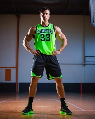 Muscular man, Austin Soa, standing pose, confident expression, short black hair, no glasses, intense gaze, sleeveless shirt, revealing robust chest, athletic waist, strong legs, sports shorts, basketb