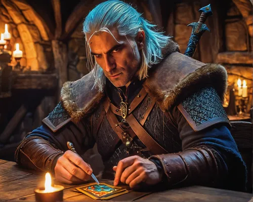 witcher,runes,candlemaker,male elf,collectible card game,card game,coloring picture,games of light,tabletop game,card games,thorin,cullen skink,quill pen,board game,binding contract,rune,massively multiplayer online role-playing game,merchant,heroic fantasy,table artist,Conceptual Art,Oil color,Oil Color 23