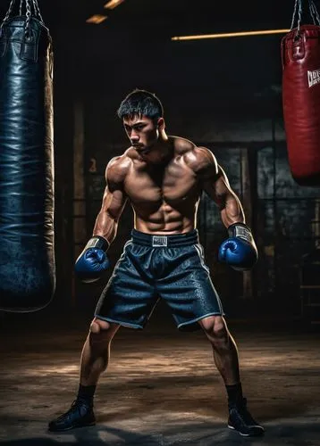 Muscular man, boxer, 25yo, intense gaze, strong jawline, short brown hair, sweat droplets on forehead, boxing gloves, sleeveless hoodie, ripped jeans, bare feet, punching bag, urban gym, concrete floo