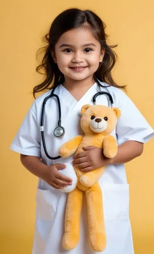  with a stethoscope on her chest holding a teddy bear,pediatrician,paediatrician,pediatricians,pediatrics,paediatrics,pediatric