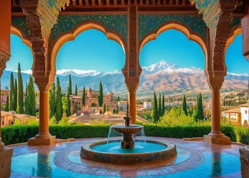 Architecture Spain, Moorish style, Islamic geometric patterns, ornate arches, grandiose domes, intricate stone carvings, vibrant turquoise tiles, warm golden lighting, dramatic shadows, Alhambra inspi