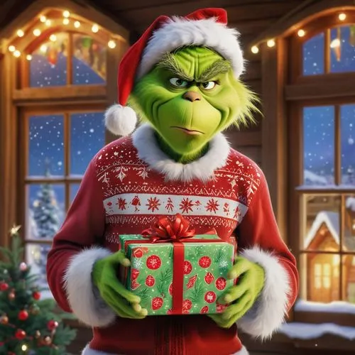 Grinch character, green skin, red eyes, furrowed eyebrows, messy hair, Santa hat, festive sweater, stretchy pants, oversized shoes, holding a stolen present, sneering expression, snowy mountain villag