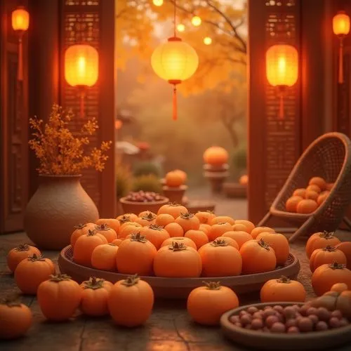 Persimmon color, warm, cozy, inviting, autumn theme, traditional Chinese culture, lantern festival, festive atmosphere, soft glowing lighting, rounded shapes, gentle curves, ceramic vases, wooden furn