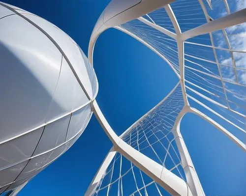 Futuristic tensile architecture, intricate structural details, steel cables, white fabric membrane, curved lines, geometric shapes, modern cityscape, urban landscape, blue sky, fluffy clouds, morning 