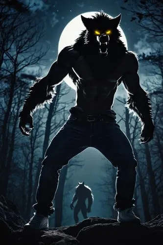 Full moon, werewolf transformation, male, muscular torso, claws extending, fur growing, ripping clothes, torn shirt, jeans, sneakers, fierce expression, glowing yellow eyes, sharp teeth, howling, nigh