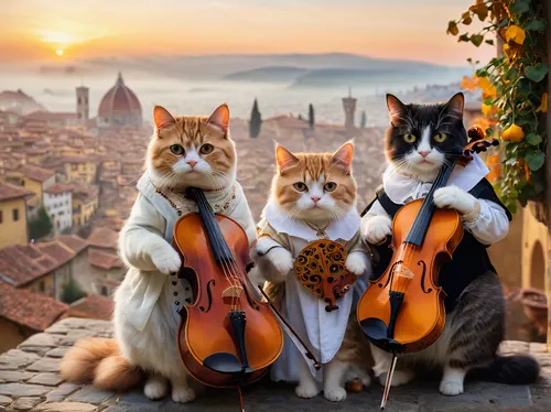 two smiling Persian cats dressed as bums play violins,violin family,musicians,musical ensemble,violinists,orchestra,oktoberfest cats,symphony orchestra,orchesta,classical music,philharmonic orchestra,