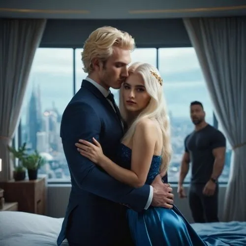  у мужчины светлые волосы и чистое лицо ,a man in a suit standing next to a blonde woman in a bed,valyrian,skyfall,pre-wedding photo shoot,zetterlund,asgardians,wedding photo