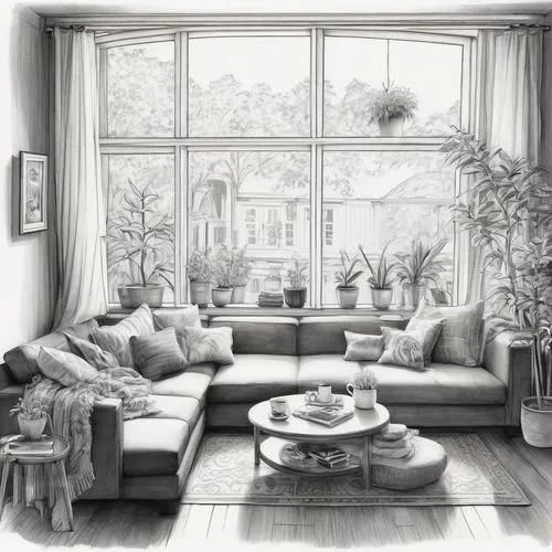 sitting room,sunroom,living room,livingroom,bay window,showhouse,Illustration,Black and White,Black and White 30