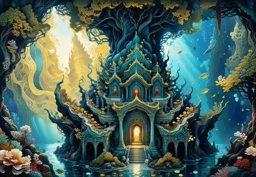 amazing fractal,an illustration of the entrance to a water palace,fairy village,alfheim,fairy world,fairy forest,fairy tale castle,fairy house,enchanted forest,fantasia,labyrinthian,rivendell,fairytal