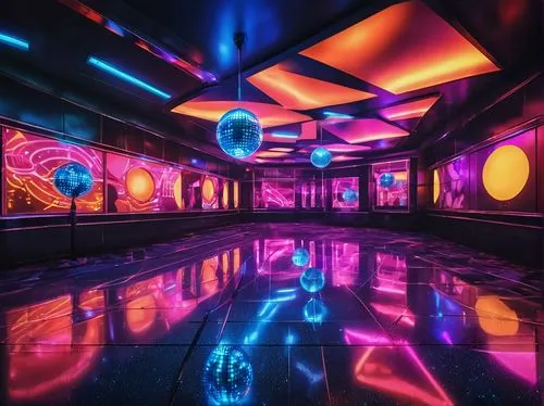 ufo interior,spaceship interior,neon cocktails,nightclub,disco,spaceland,colored lights,dancefloor,baoli,neon drinks,discotheque,dancefloors,colorful light,poolroom,kaleidoscape,neon coffee,retro diner,discotheques,spaceship space,bowlmor,Illustration,Realistic Fantasy,Realistic Fantasy 38