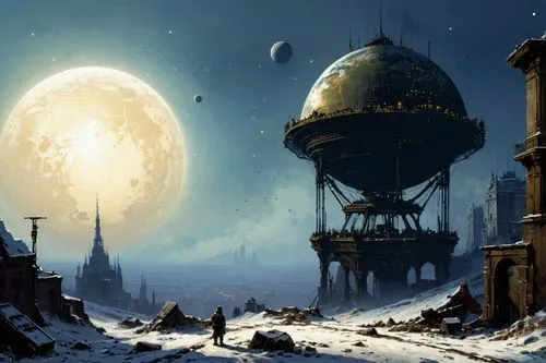 ice planet,snow globe,lunar landscape,concept art,fantasy picture,fantasy landscape,fantasy city,sci fiction illustration,frozen bubble,ancient city,airships,world digital painting,fantasy art,snowglobes,snow globes,alien planet,futuristic landscape,winter landscape,destroyed city,watertower,Art,Classical Oil Painting,Classical Oil Painting 32