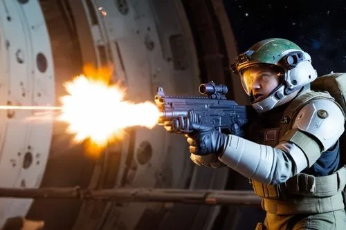 a space soldier is fighting against the backdrop of a space city, planets in the sky and spaceships are visible,a person dressed in uniform holding a gun,katarn,spaceguard,ela,battlefront,geonosis,org