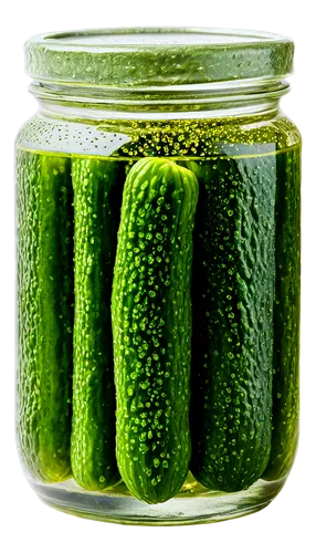 Dill pickles, glass jar, transparent container, green-yellow color, detailed texture, water droplets, natural lighting, close-up shot, 3/4 composition, shallow depth of field, warm color tone, cinemat