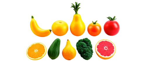 colorful vegetables and fruits, still life, clipart style, various shapes and sizes, vibrant colors, detailed textures, realistic shading, 3/4 composition, shallow depth of field, warm lighting, soft 