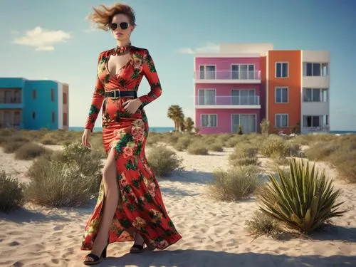 girl on the dune,desert flower,desert rose,red summer,san dunes,vibrant color,fashion illustration,two piece swimwear,southwestern,digital compositing,beachhouse,cube stilt houses,red-hot polka,flamenco,boho,resort,lady in red,trend color,flowerful desert,vintage fashion