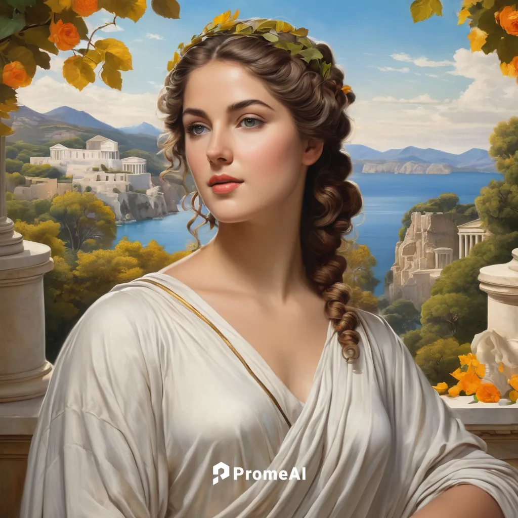 Create a vibrant self portrait surrounded by nature's beauty.,artemisia,aphrodite,athena,cleopatra,greek mythology,athenian,lycaenid,lacerta,cepora judith,greek myth,emile vernon,capri,taormina,romant