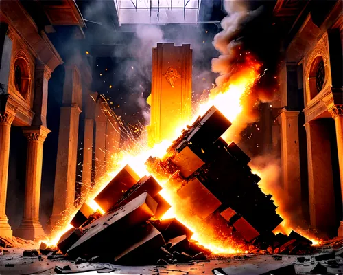 dramatic scene, explosive boom, shockwave, orange-yellow light, smoke and flames, debris flying everywhere, shattered glass, broken concrete, metallic scraps, intense dynamic composition, low-angle sh