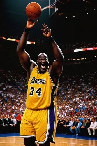 Shaquille O'Neal, NBA legend, muscular athletic build, bald head, gold chain necklace, sleeveless jersey, black shorts, basketball shoes, confident smile, powerful dunking pose, indoor stadium, bright