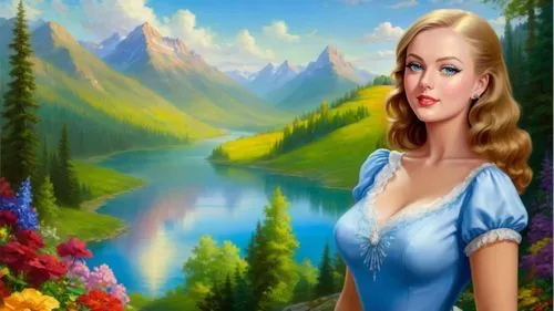 Romantic masterpiece oil painting, beautiful slim busty woman portrait, nostalgic 1950's style kitsch, standing in front of a breathtaking beautiful epic vast landscape, majestic vibrant lush wilderne