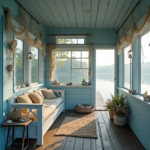 Periwinkle boathouse, waterfront, lakehouse, wooden dock, vintage nautical theme, periwinkle blue walls, white trim, rustic wooden floor, cozy interior, plush cushions, fishing nets decor, seashells, 