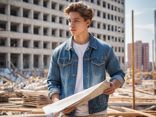 Volunteer, architecture student, 20s, casual wear, blue denim jacket, white T-shirt, ripped jeans, sneakers, backpack, holding blueprint, standing, construction site, half-built skyscraper, urban back