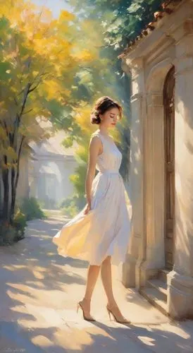 the woman is standing by the wall and posing for a po,woman walking,girl walking away,impressionism,girl in a long dress,walking in a spring,chudinov,Digital Art,Impressionism